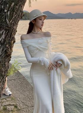 猫年 钻石晚宴~法式一字肩长袖连衣裙秋白色气质鱼尾仙女内搭长裙