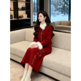 秋冬中式穿搭斜襟外套刺绣半身裙装主持人礼服新年战袍红色两件套