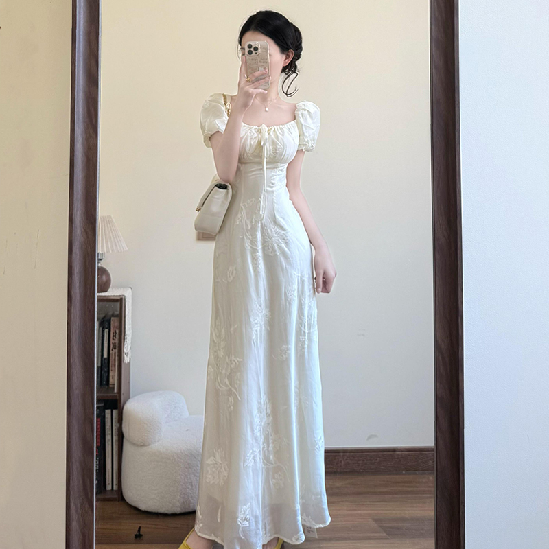 法式天丝刺绣一字肩两穿连衣裙女