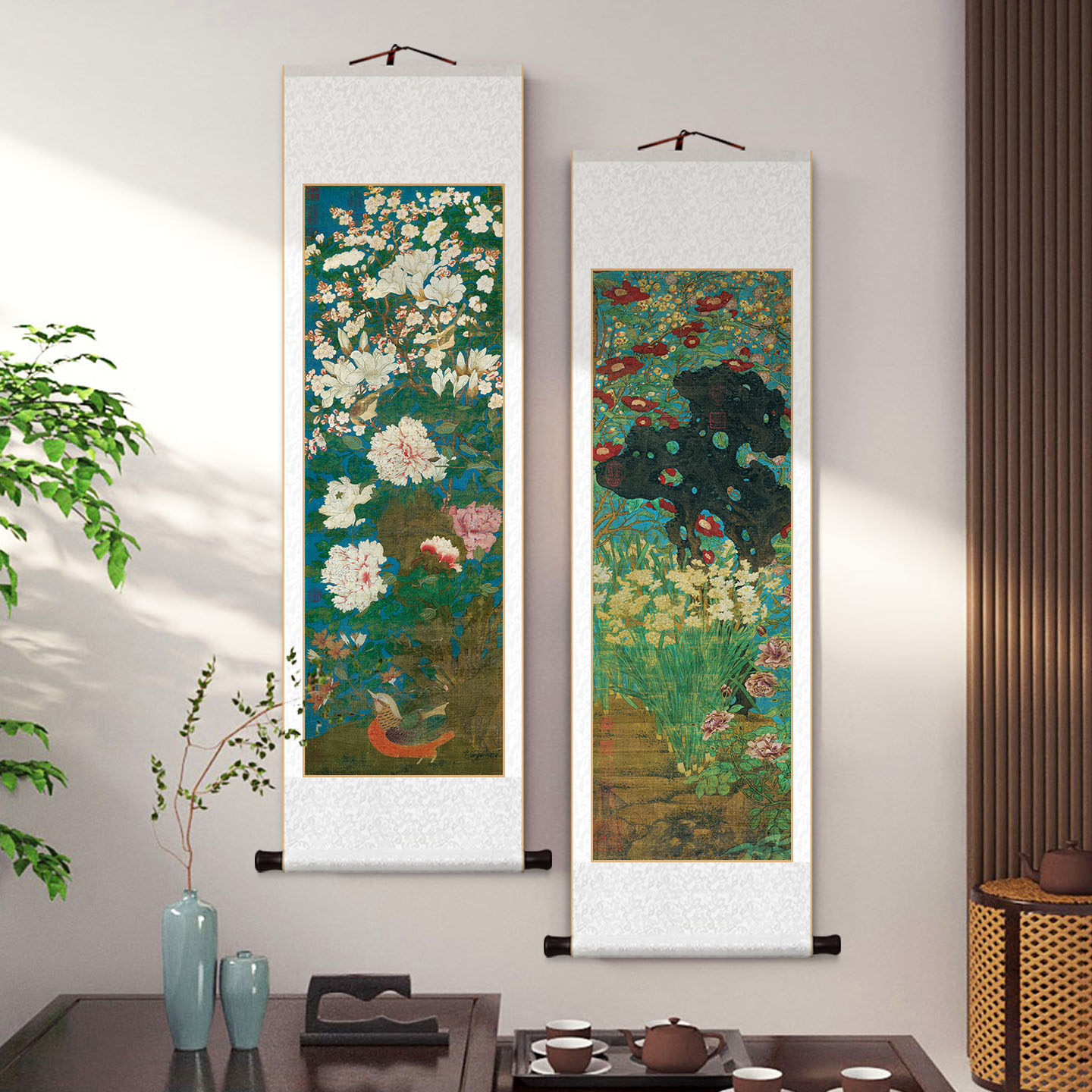 中古风格岁朝图玉堂富贵卷轴挂画