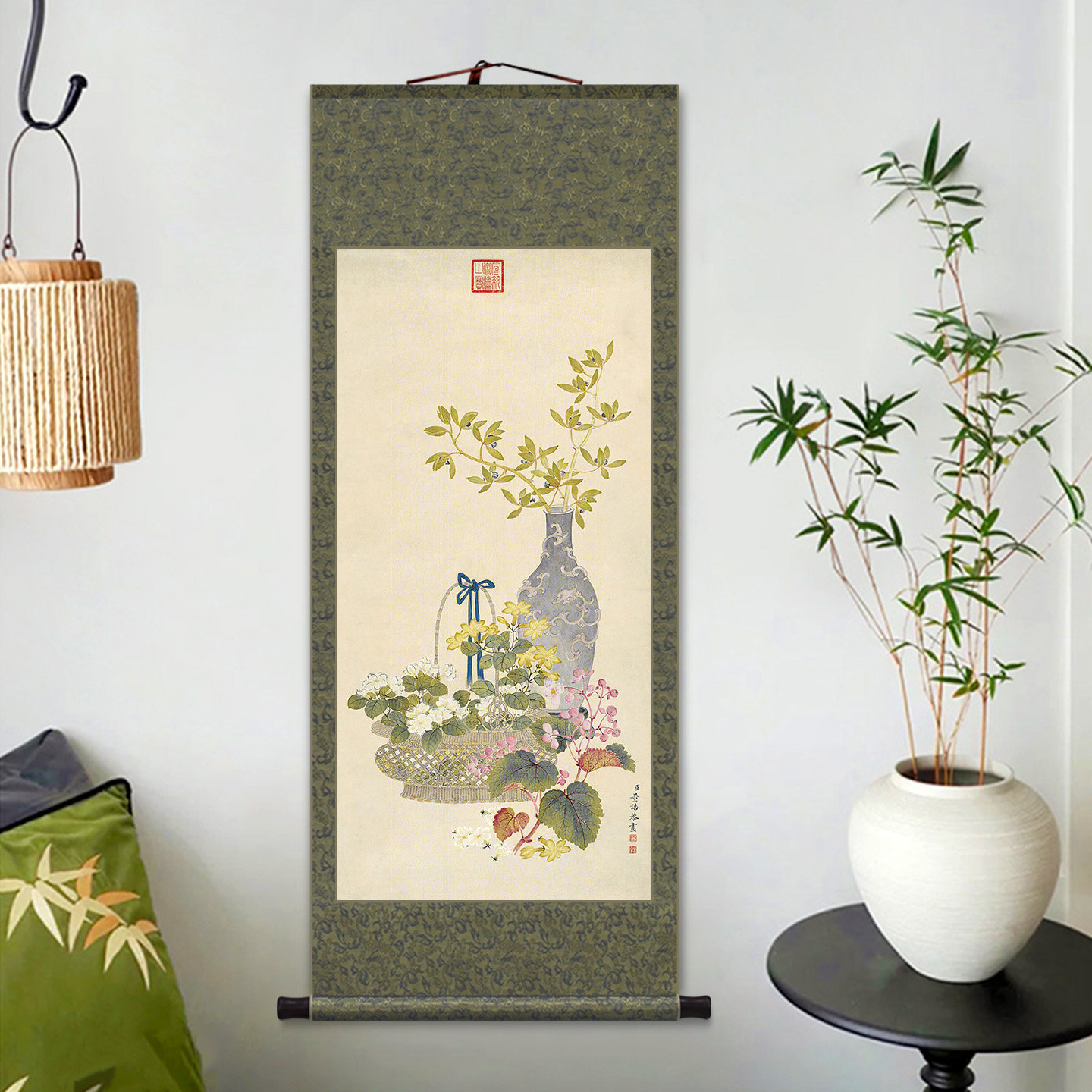 秋花四首轴兰花牡丹花卷轴挂画