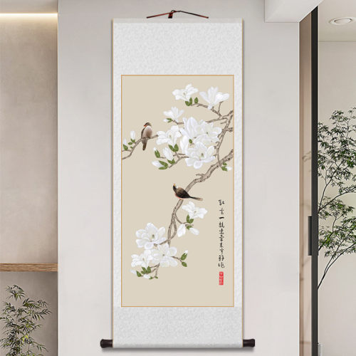 玉兰花卷轴挂画新中式客厅装饰画