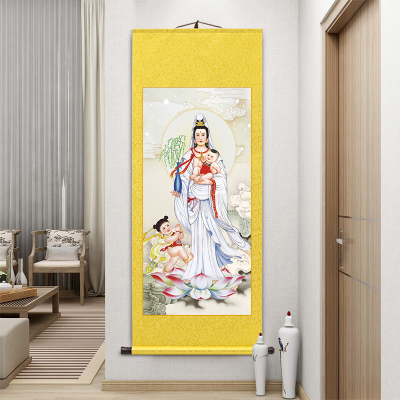 玄关画送子观音图新中式客厅装饰画名家卷轴挂画供奉观世音菩萨画