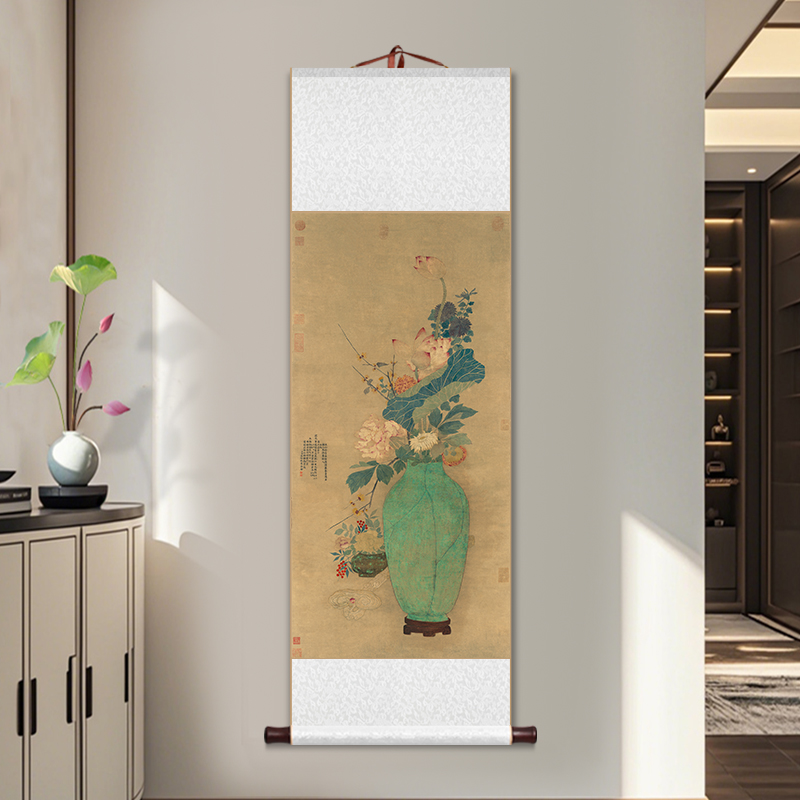 岁朝清供图卷轴挂画新中式吉祥花卉装饰画客厅书房茶室玄关壁画图片