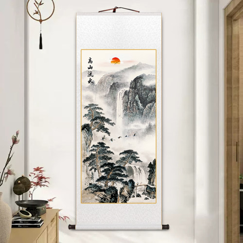 迎客松玄关画办公室字画名家山水画高山流水卷轴挂画书房茶室壁画