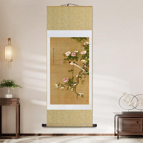 名家沈铨花鸟图中式卷轴挂画馆藏国画办公室书房客厅装饰画玄关画
