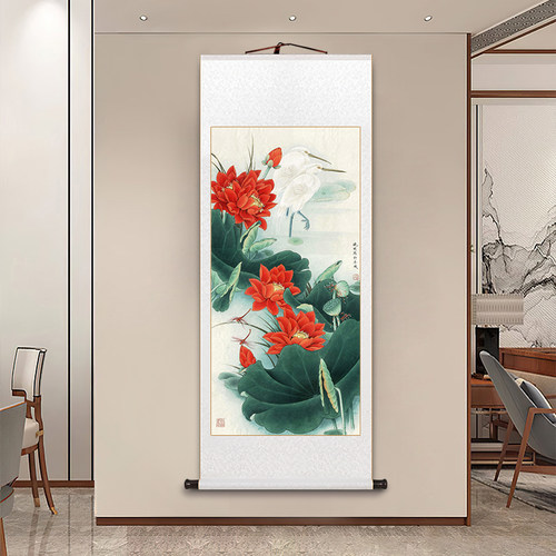 名家红荷图荷花花鸟工笔画卷轴挂画客厅装饰画酒店茶室壁画玄关画