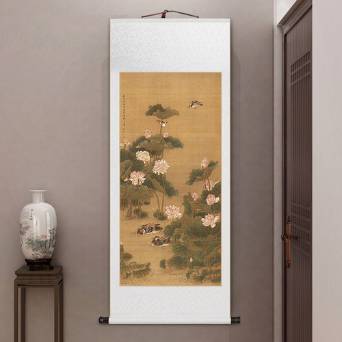 名家花鸟挂画荷塘鸳鸯图卷轴装裱
