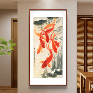 入户玄关画九鱼聚财图挂画年年有余客厅装饰画红色锦鲤壁画实木框