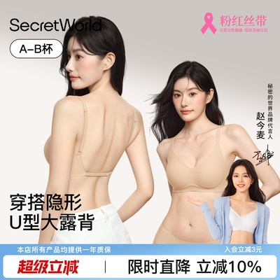 Secret World粉底液美背内衣女夏薄款隐形无痕大u型露背小胸聚拢
