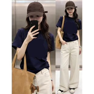藏青色纯棉圆领短袖T恤女2026夏季高级感上衣女士亲肤透气打底衫