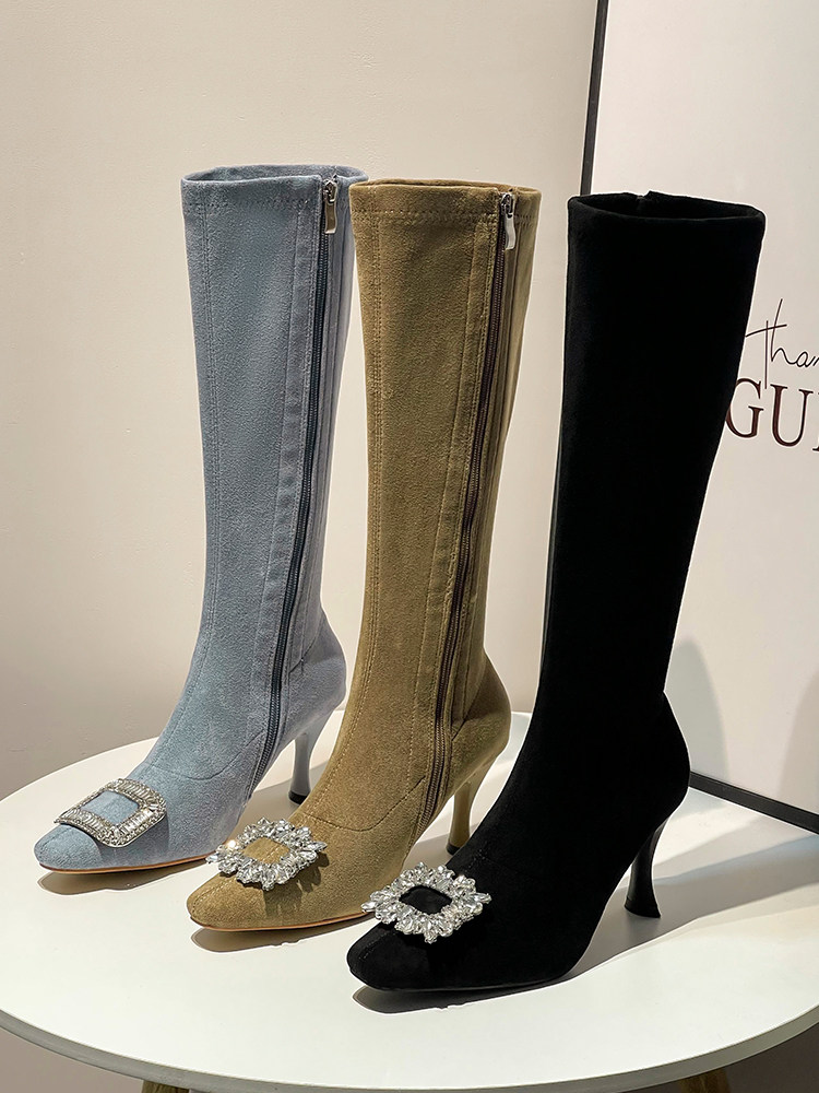 CLEARANCE TAIL GOODS BROKEN CODE BLUE BOOTS WOMENS SQUARE TOE ELASTIC BOOTS HIGH HEELS 2024 WINTER NEW VELVET THIN HEEL SKINNY BOOTS