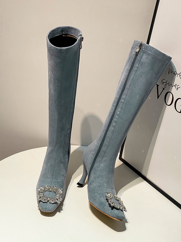 CLEARANCE TAIL GOODS BROKEN CODE BOOTS WOMENS SQUARE TOE ELASTIC SOCKS BOOTS HIGH HEELS 2024 NEW WINTER BLACK SUEDE SKINNY BOOTS