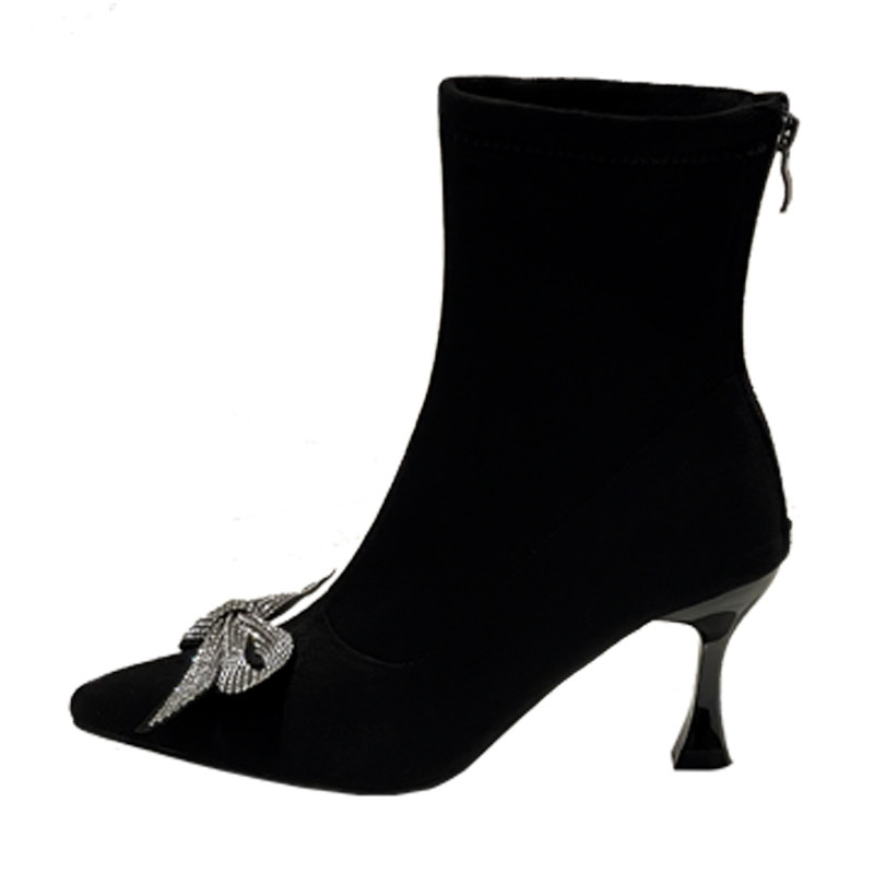 INTERNET CELEBRITY SKINNY BOOTS BOOTIES WOMENS HIGH HEELS BLACK POINTED TOE STILETTO SUEDE RHINESTONE BUTTERFLY LUXURY STRETCH STOCKINGS BOOTS