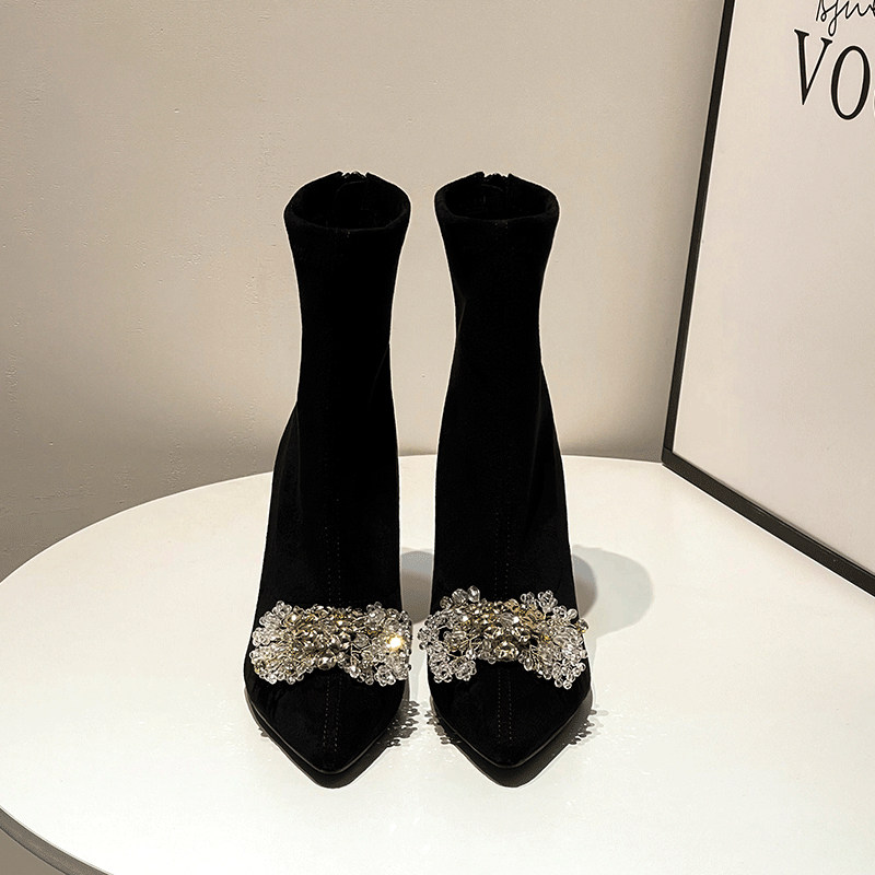 HIGH-QUALITY BOOTIES WOMENS HIGH HEELS SKINNY BOOTS 2024 NEW AUTUMN AND WINTER POINTED-TOE STRETCH BOOTS AND FLEECE KOREAN SOCK BOOTS