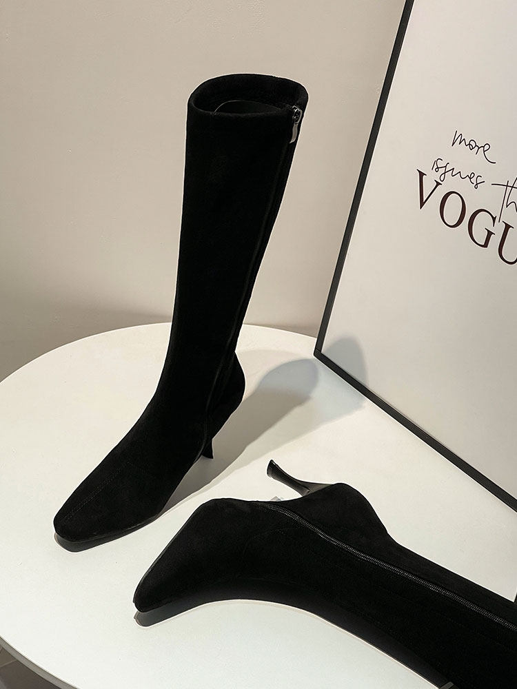 CLEARANCE OFF CODE SPECIAL TAIL GOODS EUROPEAN AND AMERICAN BOOTS WOMENS SQUARE TOE ELASTIC SOCKS BOOTS HIGH HEELS STILETTO SUEDE HIGH THIN BOOTS