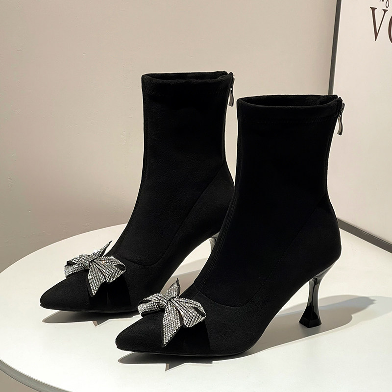 INTERNET CELEBRITY SKINNY BOOTS BOOTIES WOMENS HIGH HEELS BLACK POINTED TOE STILETTO SUEDE RHINESTONE BUTTERFLY LUXURY STRETCH STOCKINGS BOOTS