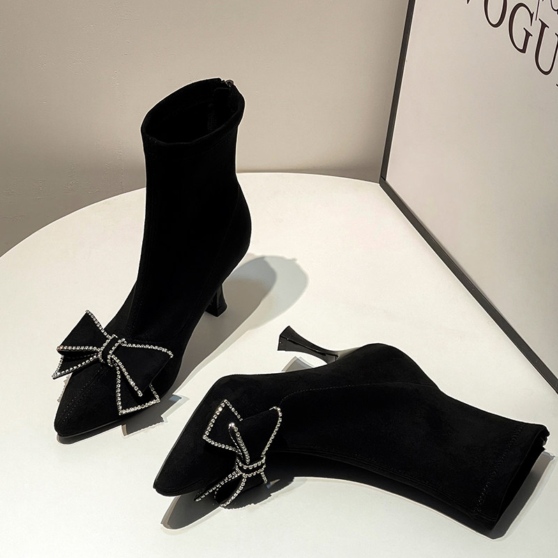 RHINESTONE BOW NET RED SKINNY BOOTS BOOTIES WOMENS BLACK SUEDE POINTED TOE STILETTO STRETCH BOOTS HIGH HEELS FLEECE BOOTS