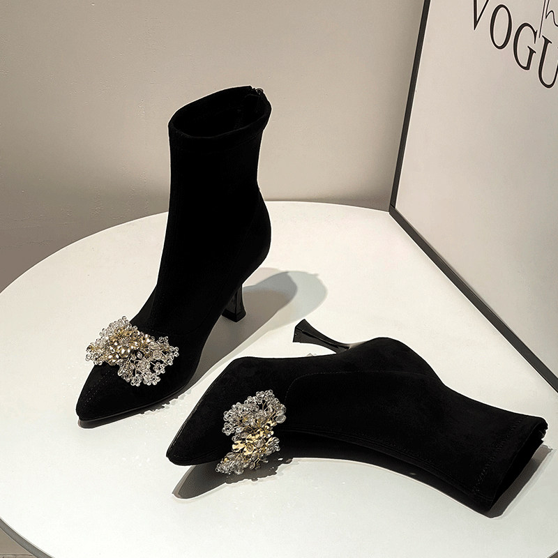 HIGH-QUALITY BOOTIES WOMENS HIGH HEELS SKINNY BOOTS 2024 NEW AUTUMN AND WINTER POINTED-TOE STRETCH BOOTS AND FLEECE KOREAN SOCK BOOTS