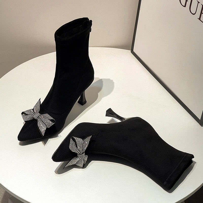 INTERNET CELEBRITY SKINNY BOOTS BOOTIES WOMENS HIGH HEELS BLACK POINTED TOE STILETTO SUEDE RHINESTONE BUTTERFLY LUXURY STRETCH STOCKINGS BOOTS