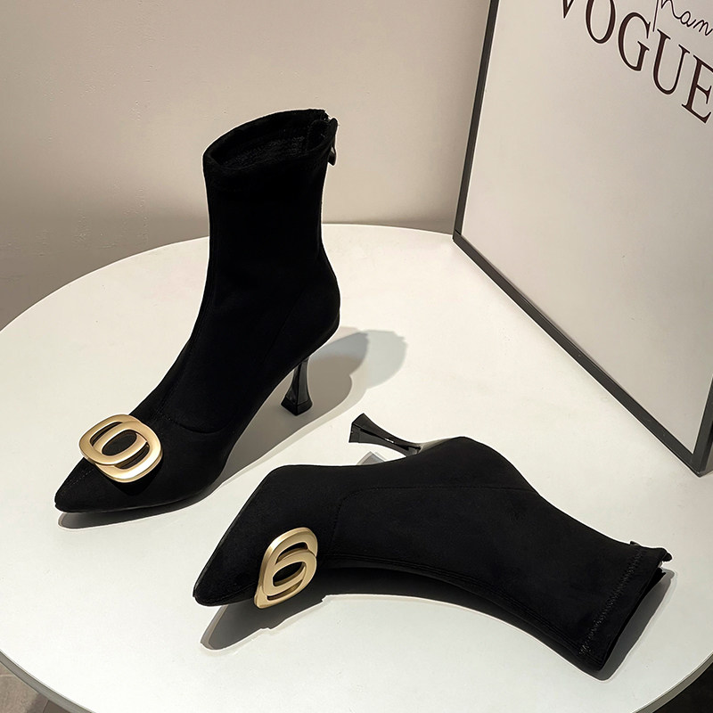 BOOTIE WOMENS FALL|WINTER 2024 NEW HIGH HEEL SUEDE BLACK POINTED TOE STRETCH STOCKINGS BOOTS STILETTO HEEL NET RED SKINNY BOOTS