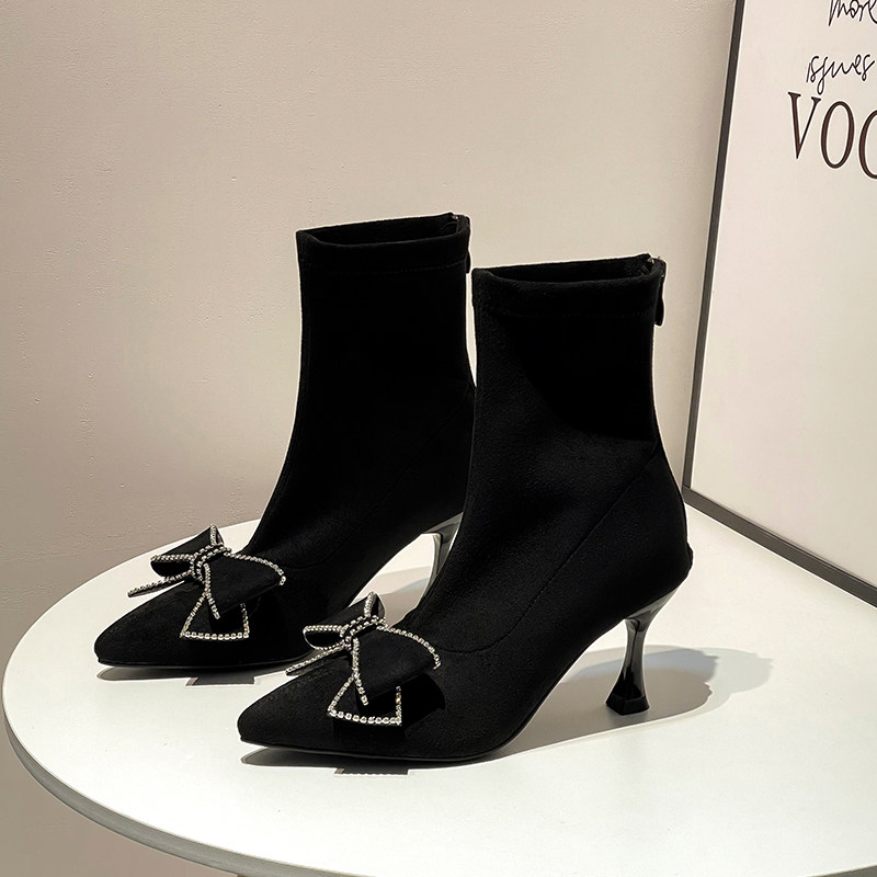 RHINESTONE BOW NET RED SKINNY BOOTS BOOTIES WOMENS BLACK SUEDE POINTED TOE STILETTO STRETCH BOOTS HIGH HEELS FLEECE BOOTS