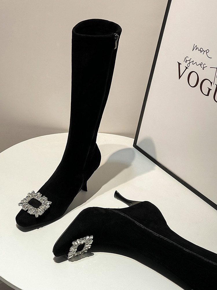 CLEARANCE TAIL GOODS BROKEN CODE BOOTS WOMENS SQUARE TOE ELASTIC SOCKS BOOTS HIGH HEELS 2024 NEW WINTER BLACK SUEDE SKINNY BOOTS