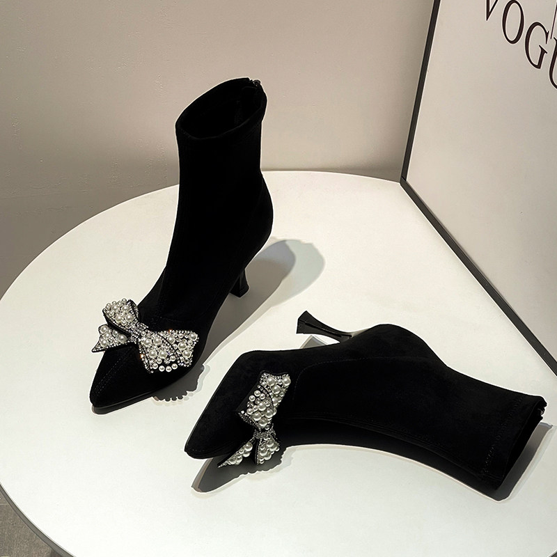 ELASTIC BOOTS SHORT BOOTS WOMENS STILETTO HEELS NET CELEBRITY SKINNY BOOTS HIGH HEELS AUTUMN AND WINTER 2024 NEW VERSATILE BLACK FLEECE SOCK BOOTS