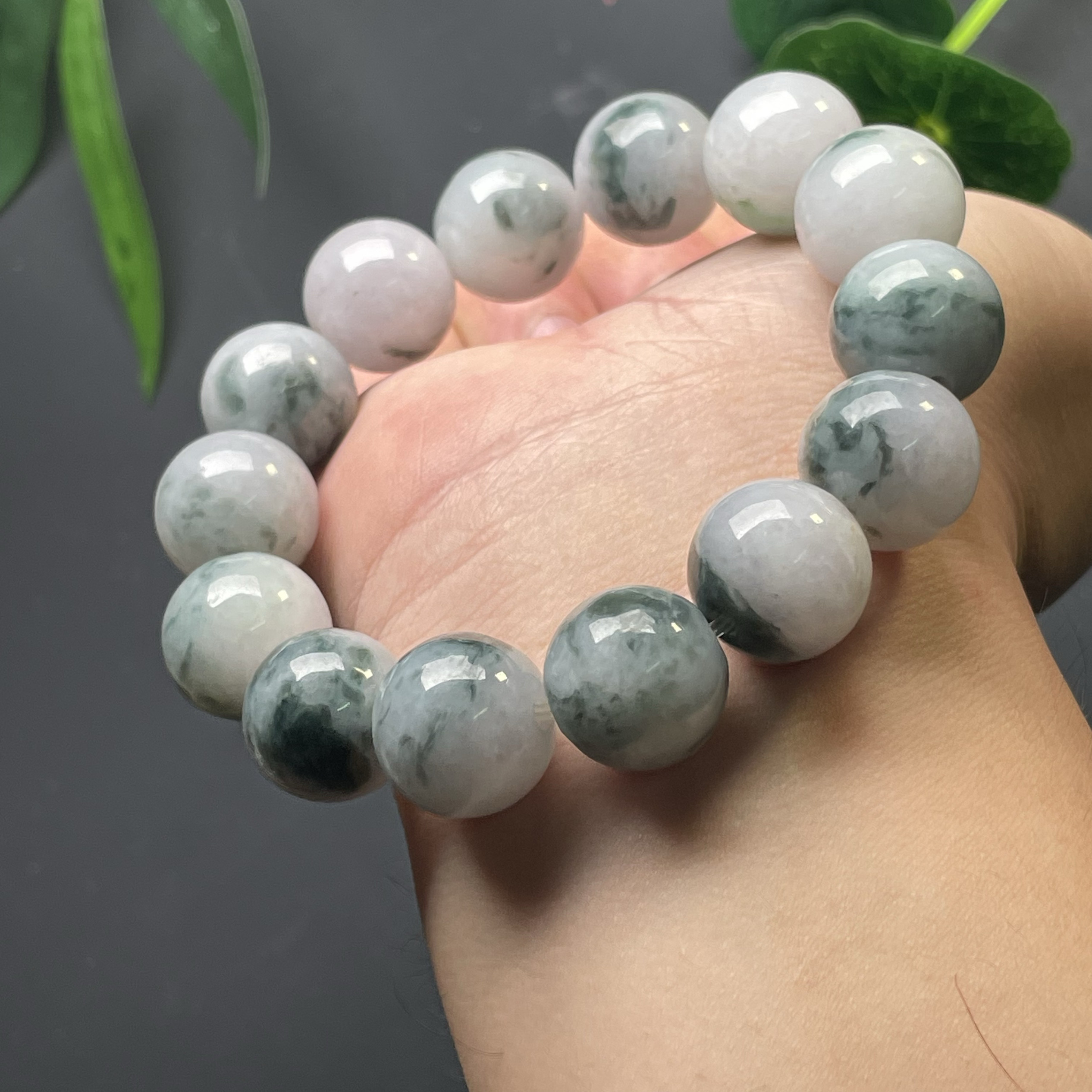 钰松斋原矿翡翠源头A货翡翠16mm冰糯种飘蓝花翡翠大尺寸手串