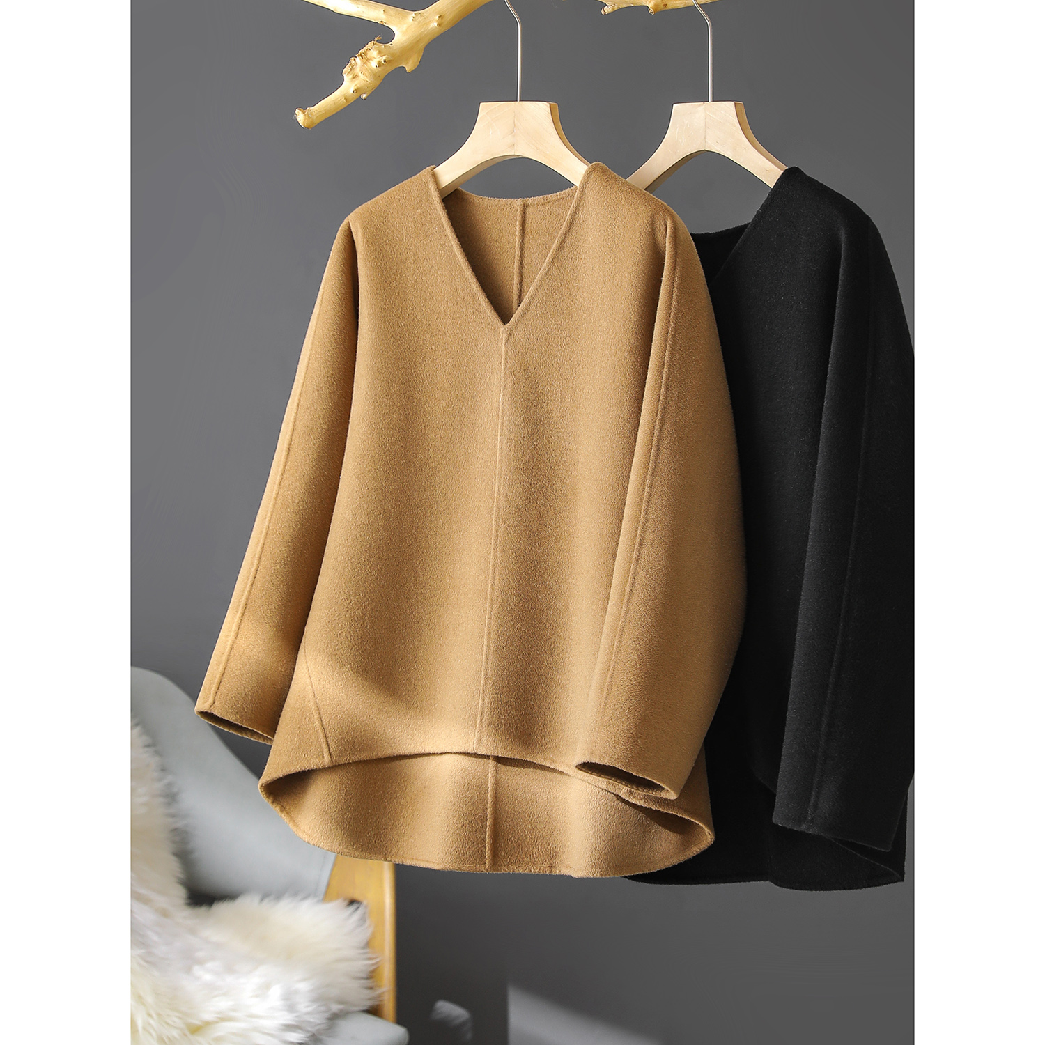 高级感宽松莼色V领毛呢外套