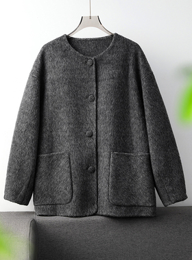 重磅高支羊毛+羊驼绒双面呢人字纹高级感圆领宽松毛呢外套 S15162