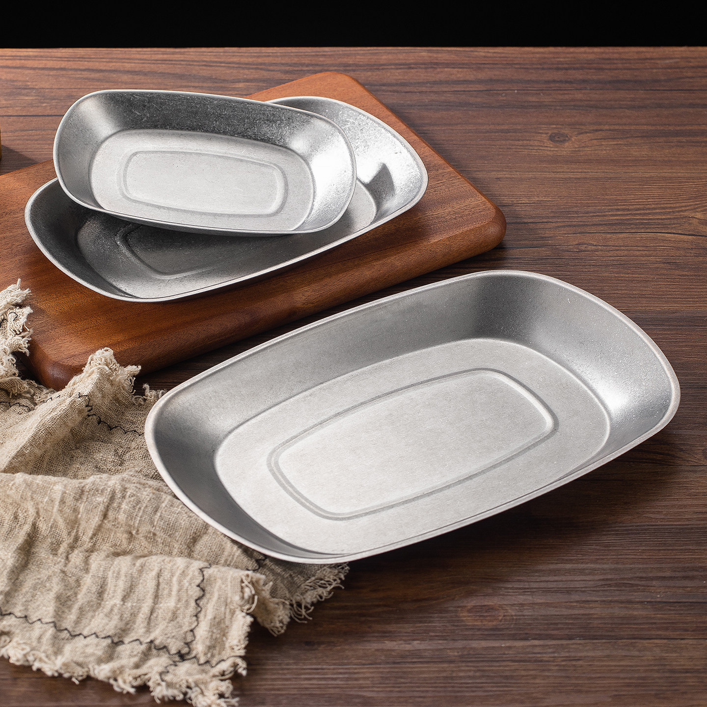 复古做旧长方形盘工业风餐具牛排盘美式马口铁小吃盘薯条炸鸡托盘