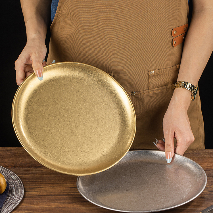 韩式复古做旧工业风不锈钢圆盘咖啡厅托盘吐骨头碟浅盘金色烤肉盘