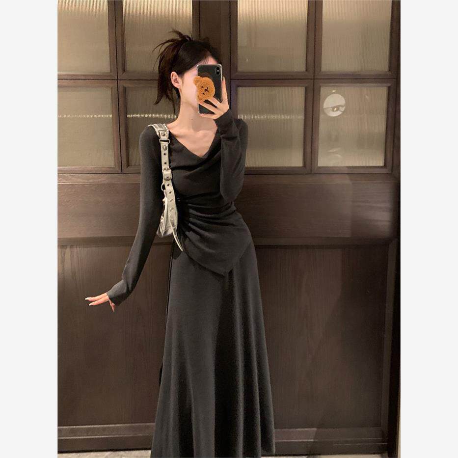 秋冬套装女不规则气质荡领修身长袖T恤上衣女高腰半身裙子两件套