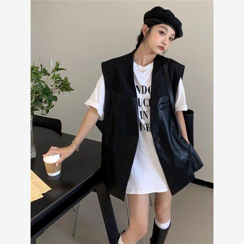 欧货皮马甲中长款春秋薄款女外穿洋气上档次pu皮衣西装拼接马夹