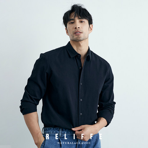 男士长袖休闲商务纯棉黑色衬衣