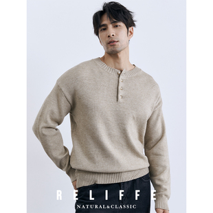 保暖圆领毛衣潮 男宽松厚款 秋冬BI备毛衫 高级感亨利领套头针织衫