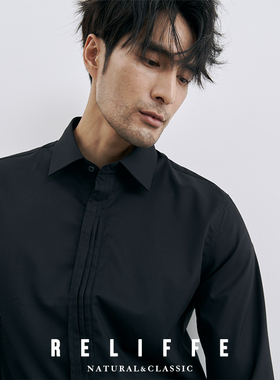 绅士高级感百褶叶商务宴会法式黑色衬衫男士修身休闲长袖白色衬衣