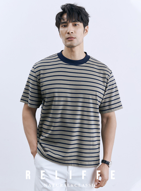 绅士BI备 高级感珠地棉黑色条纹圆领短袖男士休闲百搭宽松打底T恤