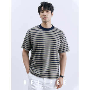 休闲百搭宽松打底T恤 男士 绅士BI备 高级感珠地棉黑色条纹圆领短袖