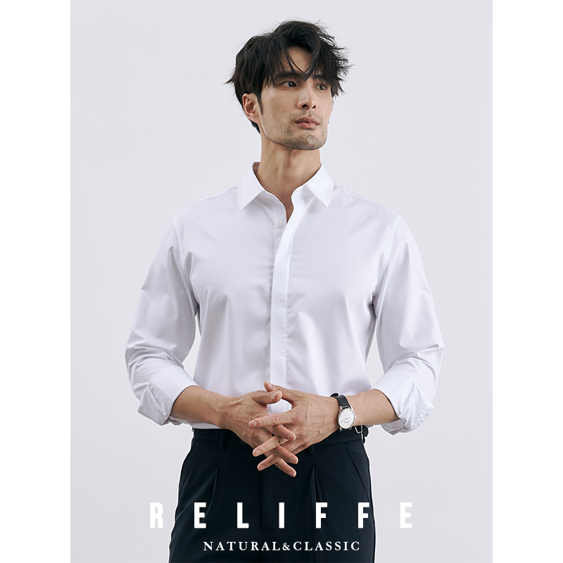 雅痞绅士高级感暗扣长袖休闲衬衫男商务正装修身抗皱白色衬衣潮
