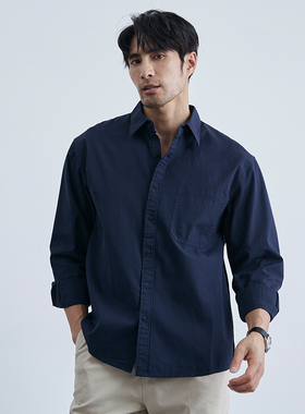 春秋复古藏青纯棉条纹衬衫男高级感商务长袖黑色休闲全棉衬衣上衣