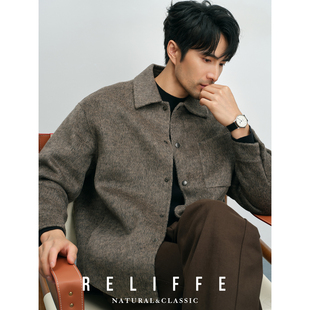 韩版流行百搭休闲款男士双面毛呢羊毛夹克高级感撞钉短款翻领外套