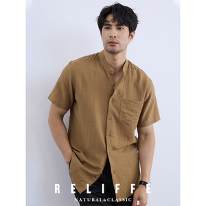 2025夏季绅士高级感商务休闲亚麻短袖衬衫男士立领透气棉麻白衬衣