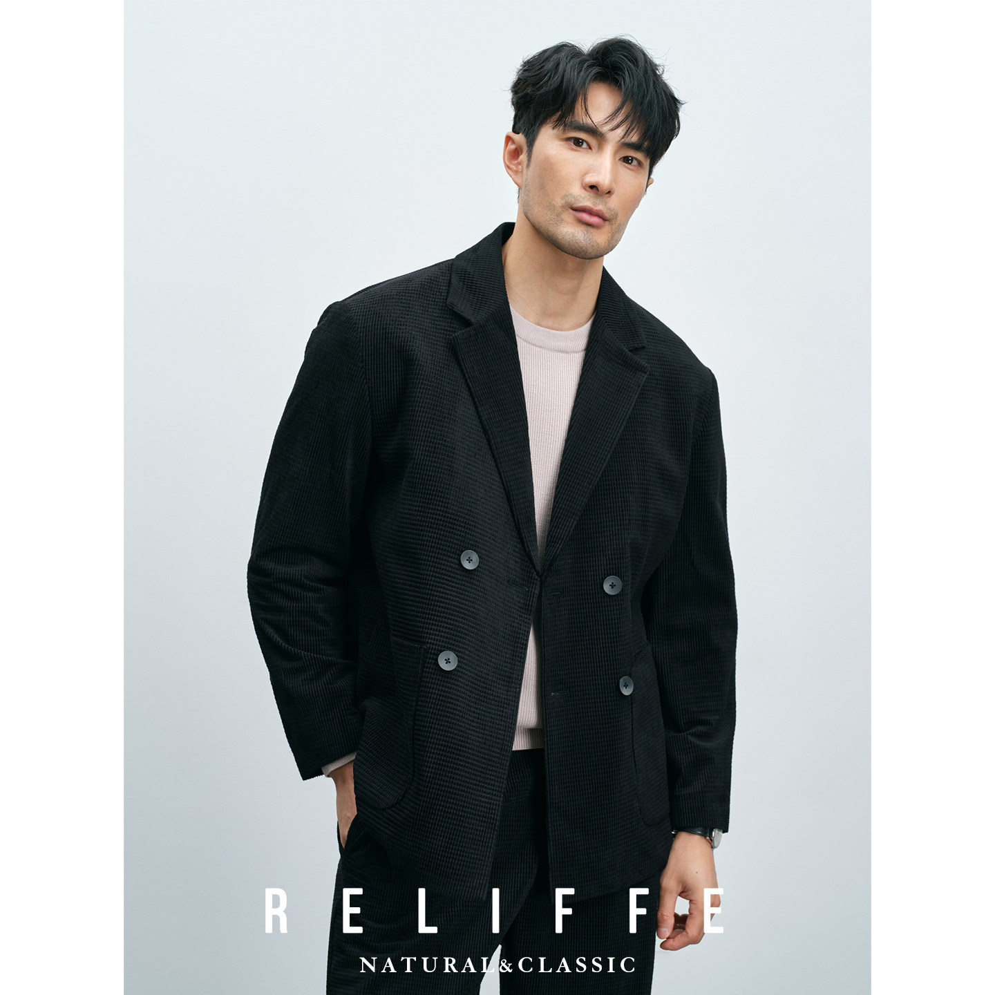 【极简风】慵懒轻熟肌理感落肩双排扣宽松西服套装商务休闲西装男