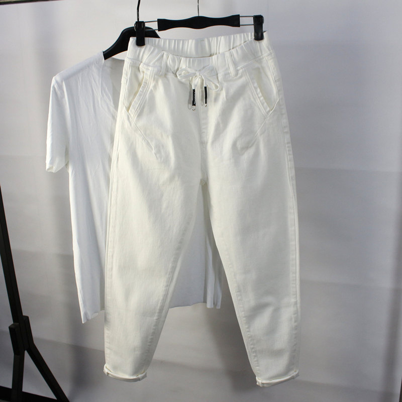 男哈伦牛仔裤小脚松紧腰大码宽松2025秋冬新款抽绳白色九分裤弹力