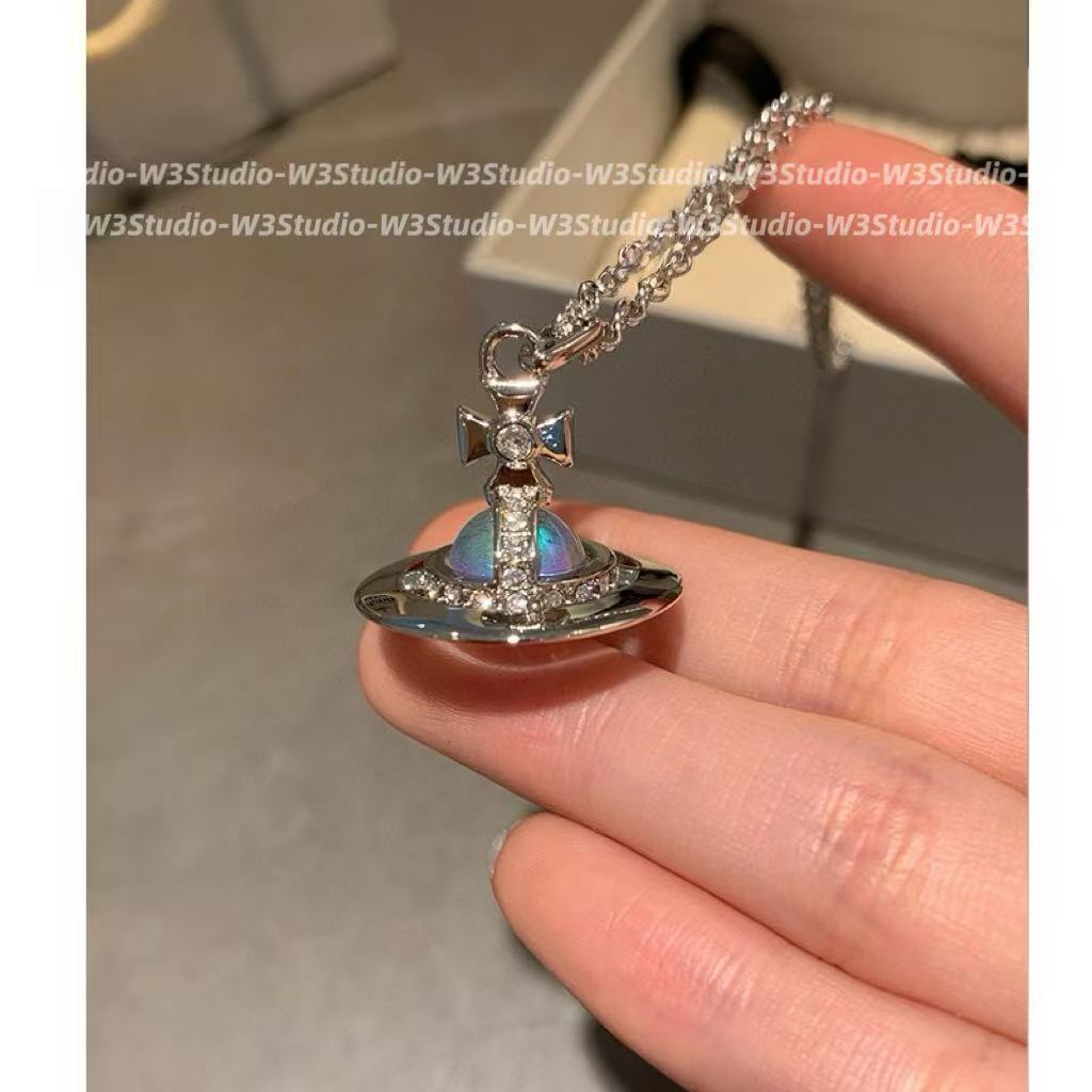 W3Studio新款欧若拉中号orb项链炫彩镭射立体土星球锁骨链镶钻