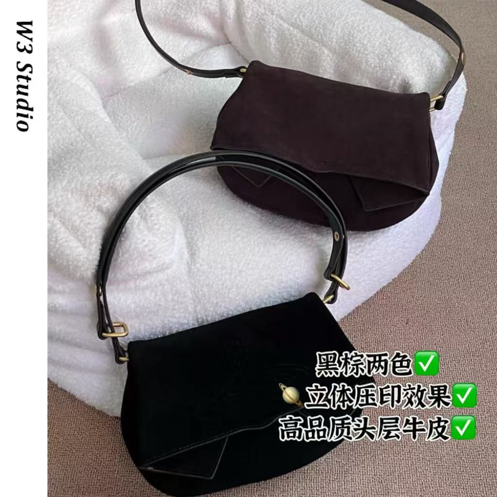 W3Studio秋冬立体大土星印花麂皮绒面牛皮燕子包斜挎单肩腋下包