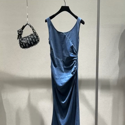 YKY IR020女装25夏季新款牛仔背心连衣裙收腰修身褶皱酷感长裙女