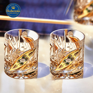 捷克BOHEMIA进口水晶玻璃手工描金珐琅花 洋酒烈酒威士忌杯啤酒杯
